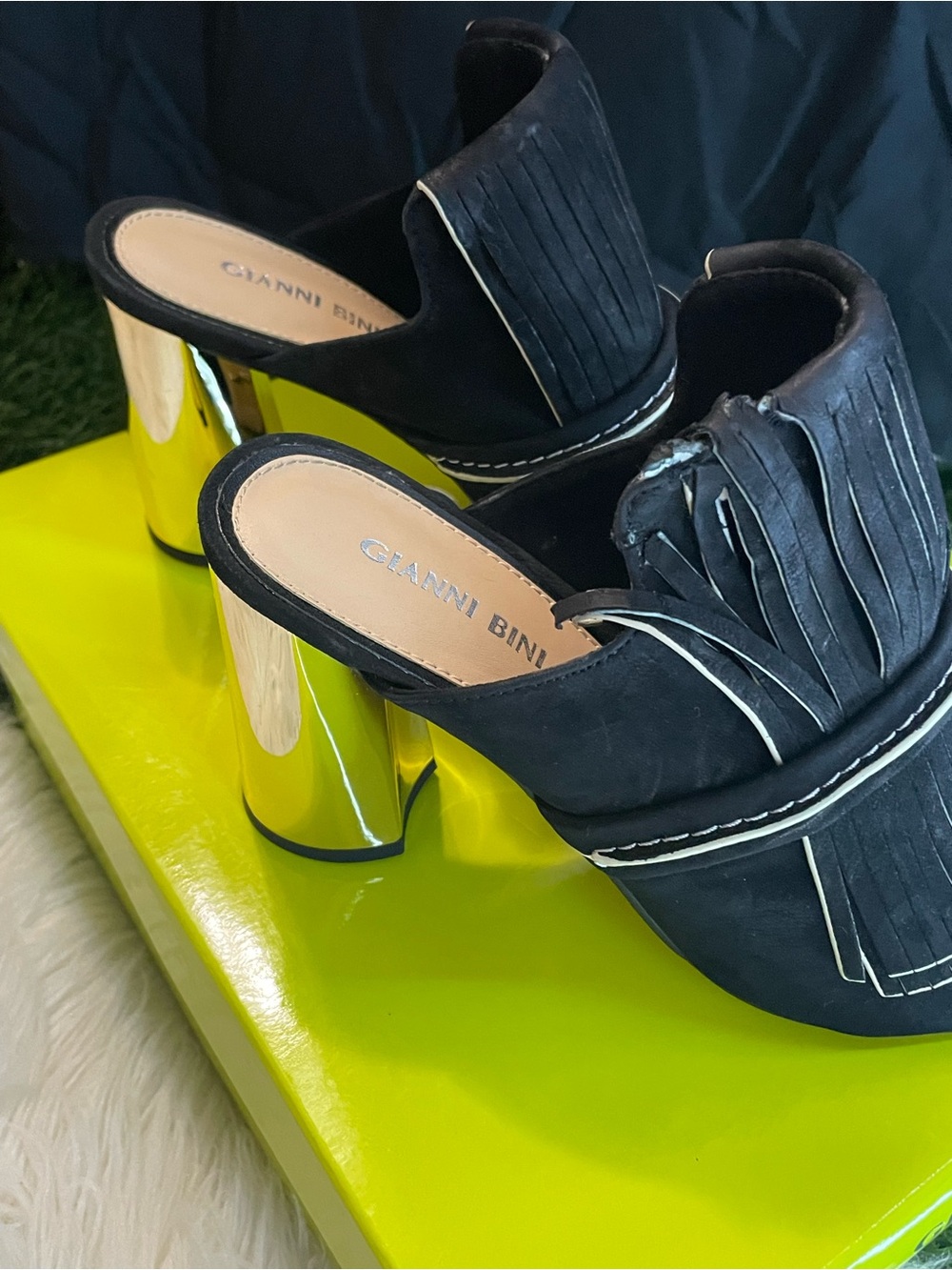 Gianni Bini Black Suede Fringe Peep-toe Heel with Metallic Gold - Picture 2 of 14